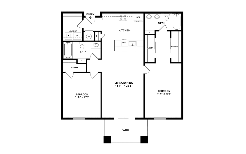 Matisse - 2 bedroom floorplan layout with 2 bathrooms and 1319 square feet (2D)