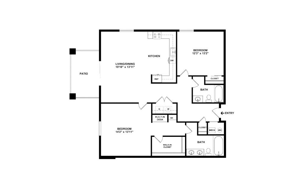 Michelangelo - 2 bedroom floorplan layout with 2 bathrooms and 1269 square feet (2D)