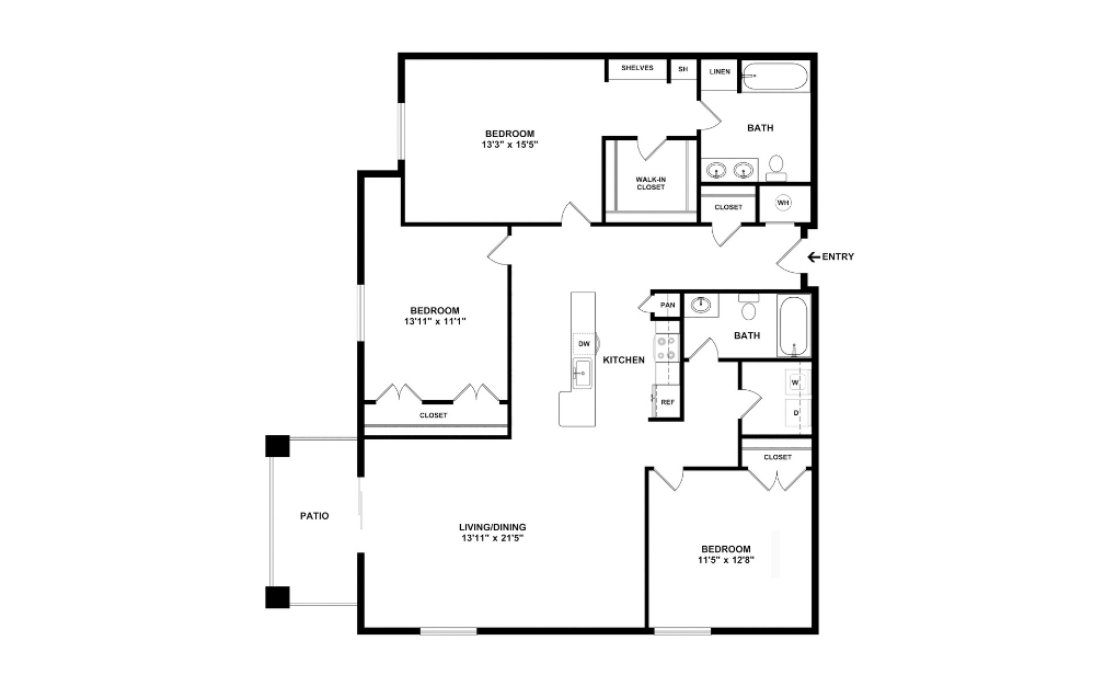 Rembrandt - 3 bedroom floorplan layout with 2 bathrooms and 1587 square feet (2D)