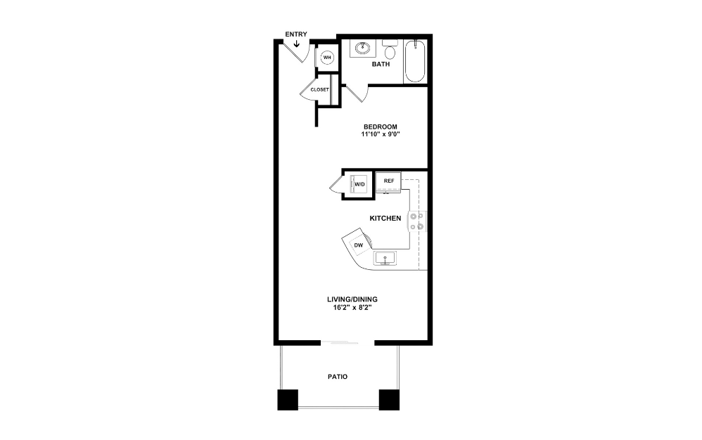 Picasso - Studio floorplan layout with 1 bathroom and 634 square feet (2D)