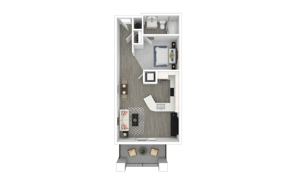Picasso - Studio floorplan layout with 1 bathroom and 634 square feet (3D)