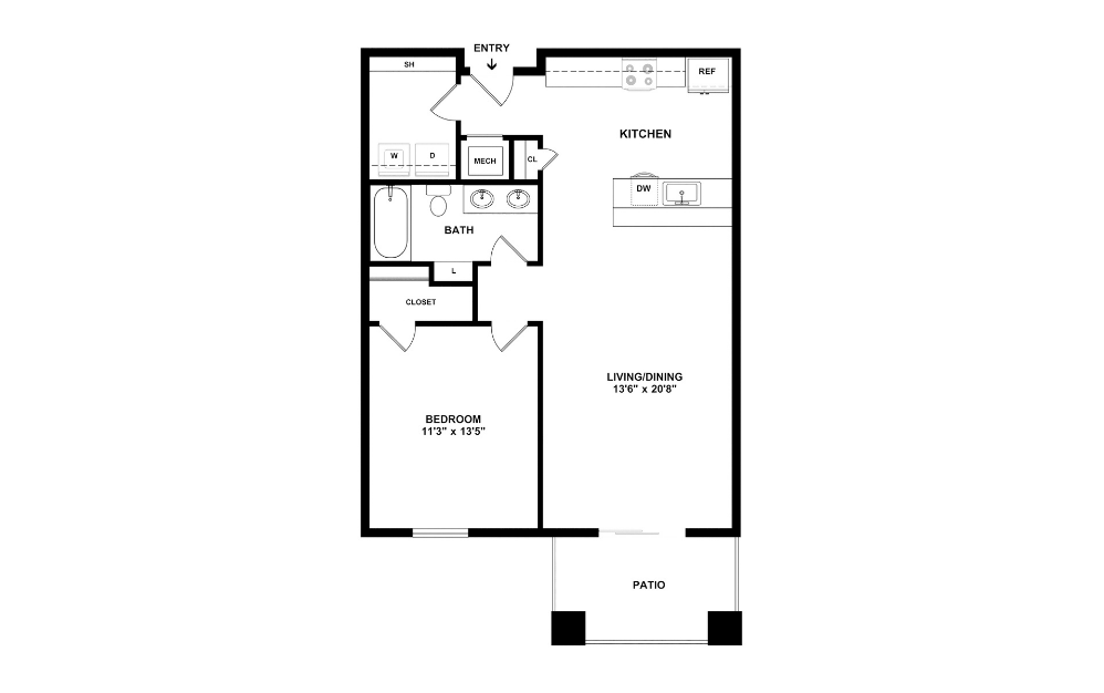 Van Gogh - 1 bedroom floorplan layout with 1 bathroom and 886 square feet (2D)