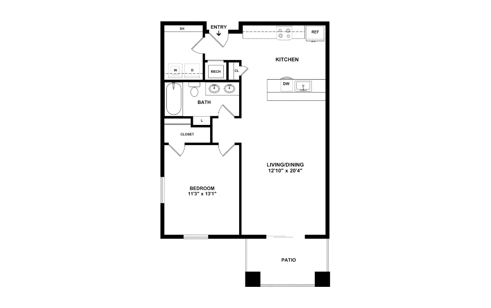 Warhol - 1 bedroom floorplan layout with 1 bathroom and 845 square feet (2D)