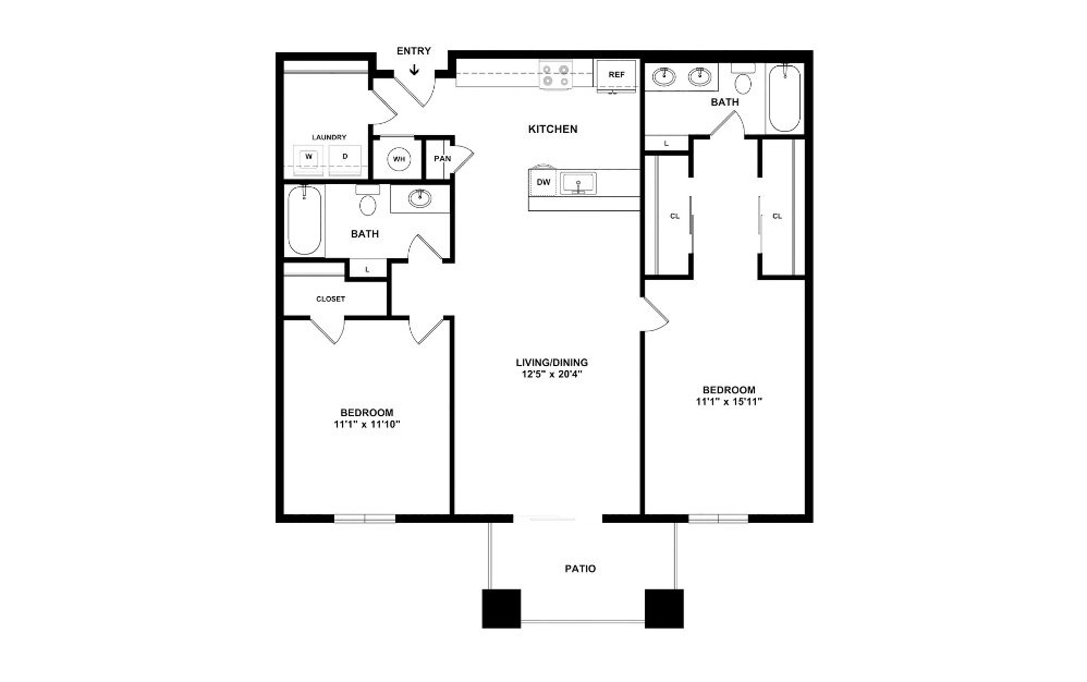 Chagall - 2 bedroom floorplan layout with 2 bathrooms and 1194 square feet (2D)
