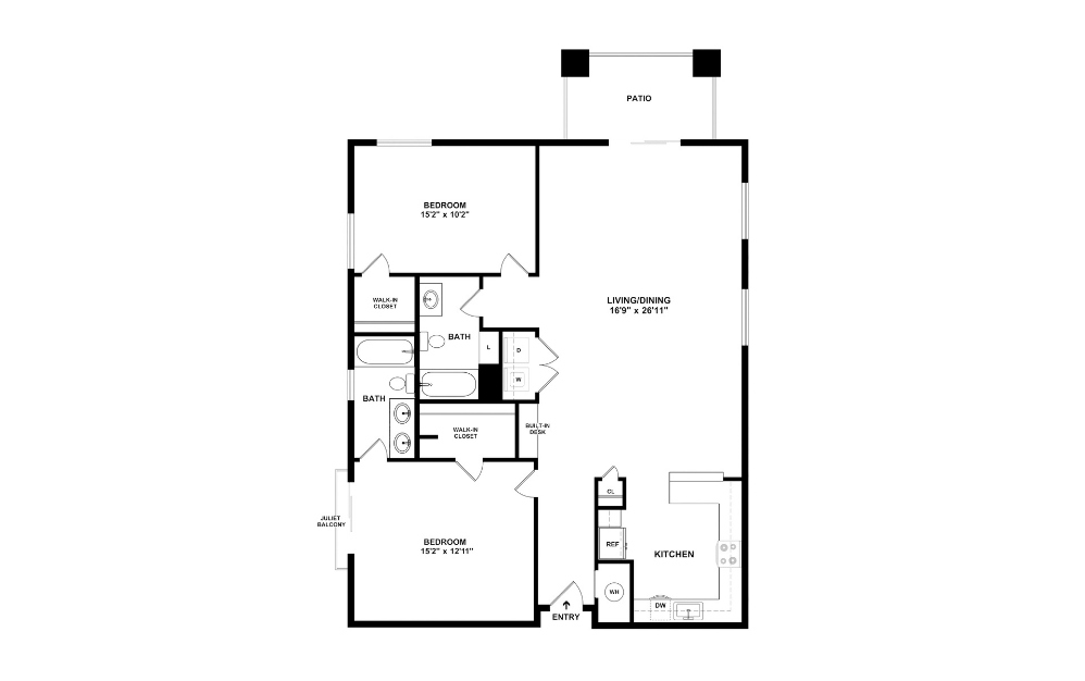 Degas - 2 bedroom floorplan layout with 2 bathrooms and 1330 square feet (2D)